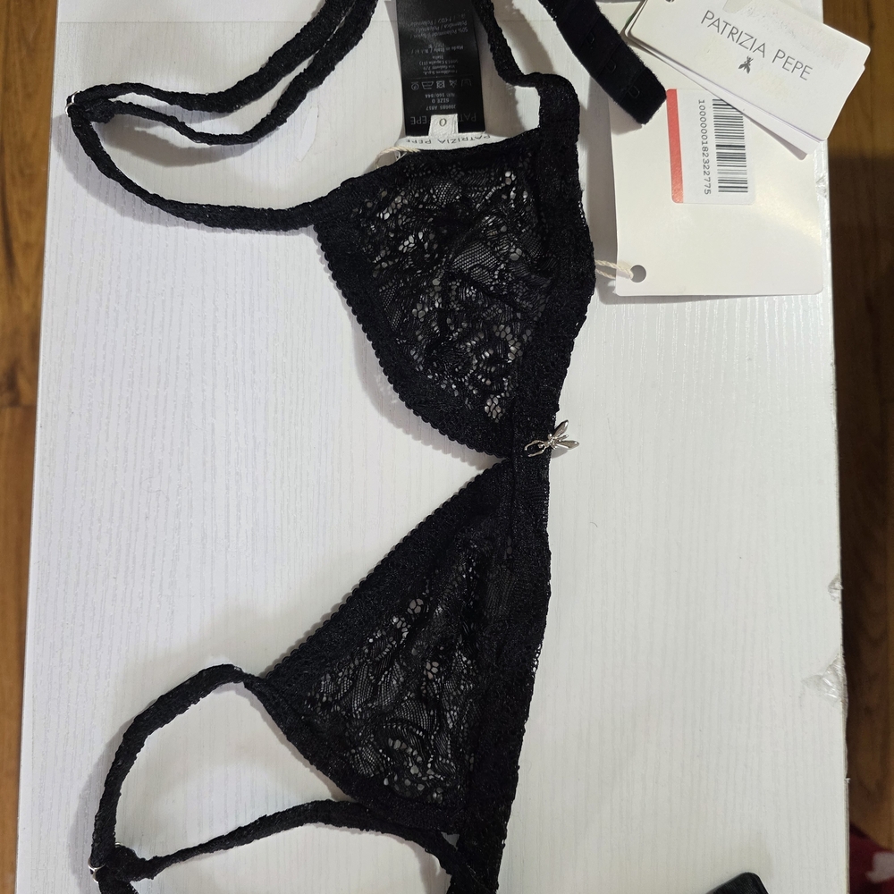 Patrizia Pepe Black Lace Triangle Bralette with Charm Detail Size 0